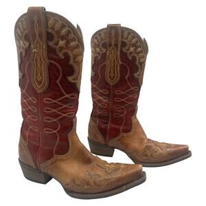 Ariat Round Up D Toe Wingtip Western Cowgirl Boot Tan Red Sz 6B